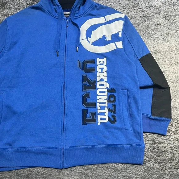 Ecko Unltd Zip Up Hoodie Mens XXL Blue Black Vintage Y2K 2000s Grunge Skater - Picture 3 of 11